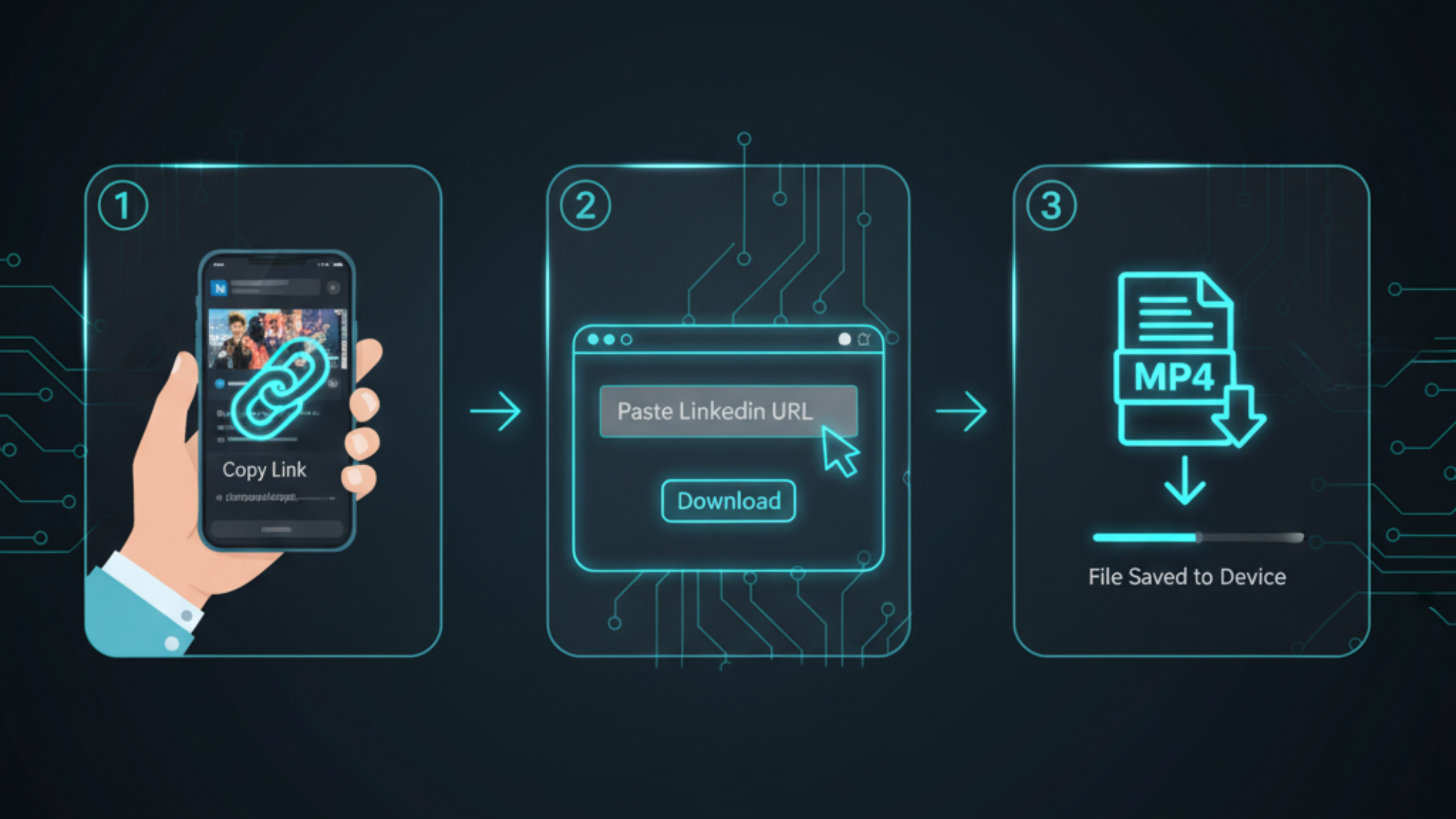 Visual steps to download a LinkedIn video as MP4 from a public post